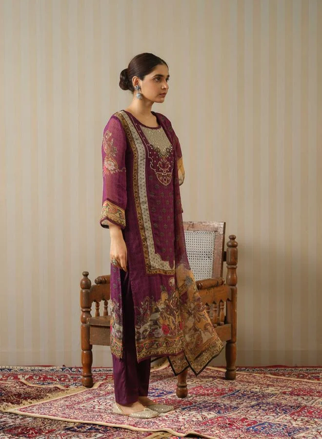 دي دبليو طقم كورتا مستقيمة مطبوعة برقبة مستديرة مع بنطال ووشاح